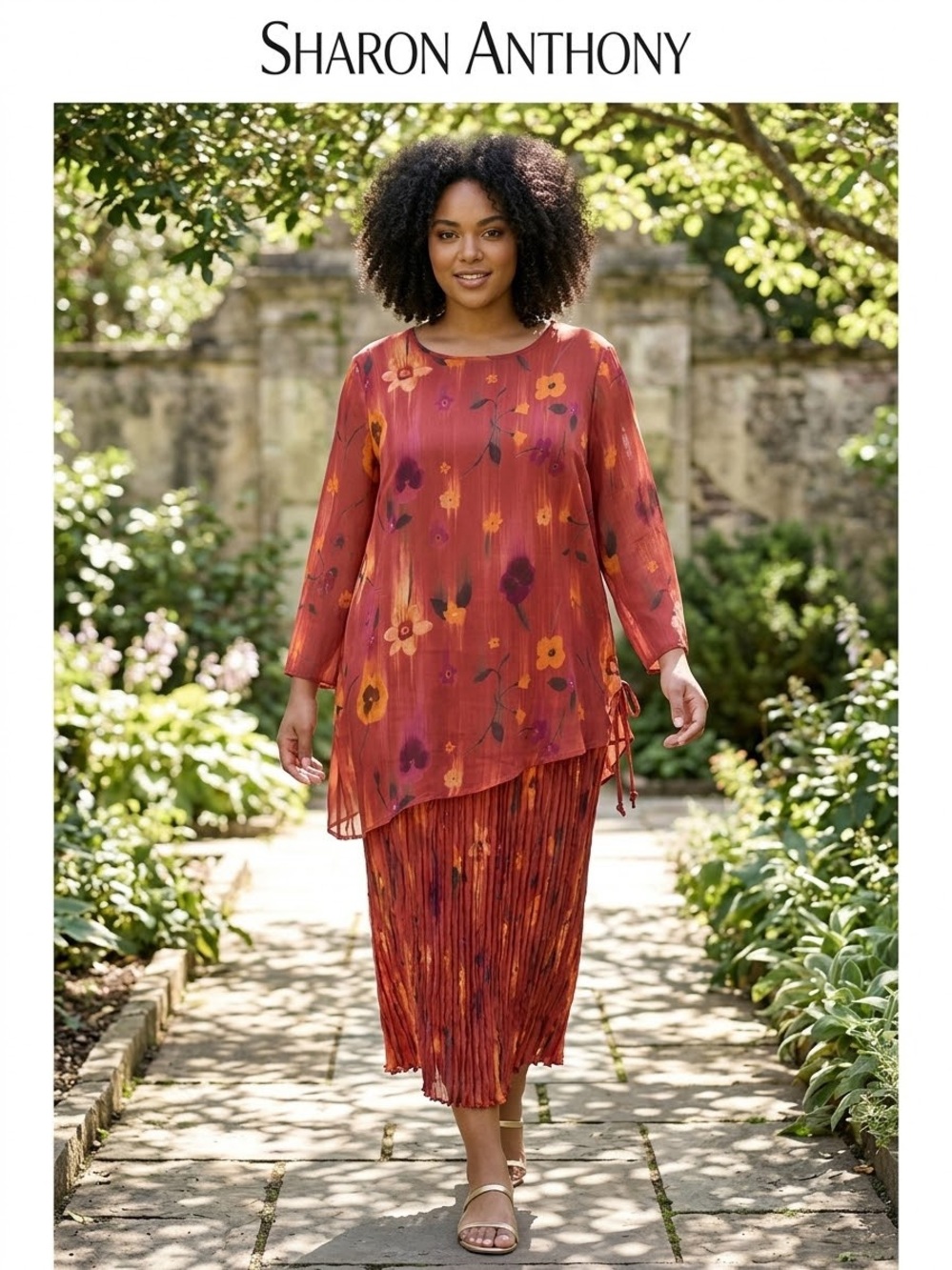Sharon Anthony Rust-Orange Floral Maxi Dress